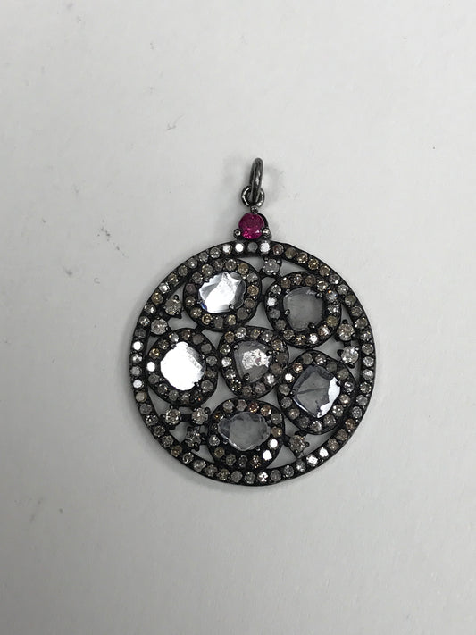 Round Shape Diamond Pendant .925 Oxidized Sterling Silver Diamond Pendant, Genuine handmade pave diamond Pendant.