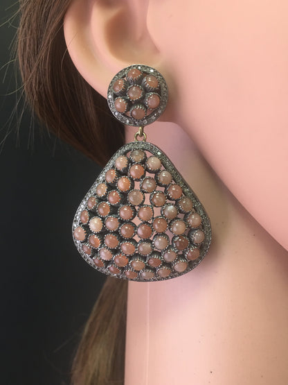 Diamond And Peach Moonstone Earrings
