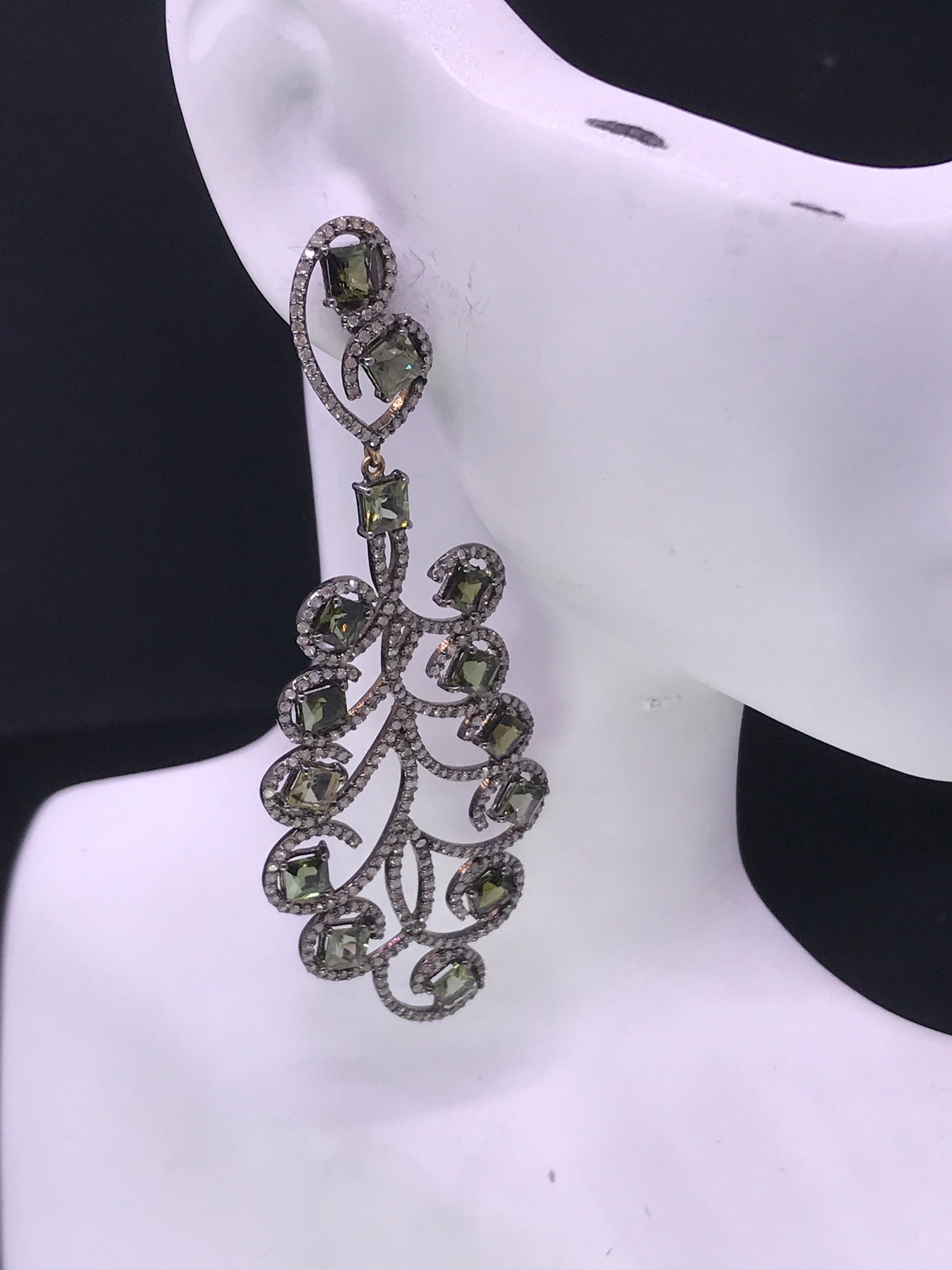 Diamond and Tourmaline Silver Black Rhodium Finish Earrings