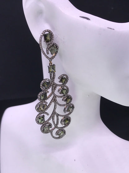 Diamond and Tourmaline Silver Black Rhodium Finish Earrings