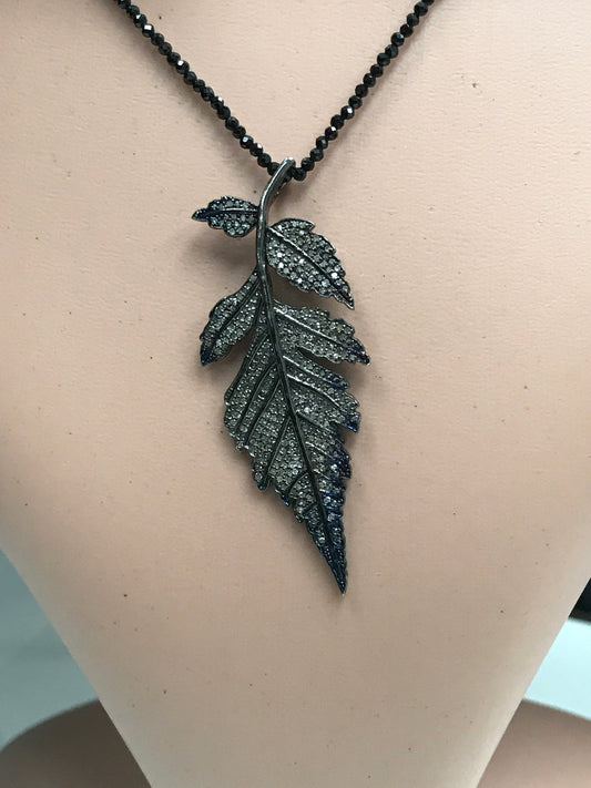 Leaf Diamond Pendant .925 Oxidized Sterling Silver Diamond Pendant, Genuine handmade pave diamond Pendant Size Approx 2.32"(24 X 58 MM)