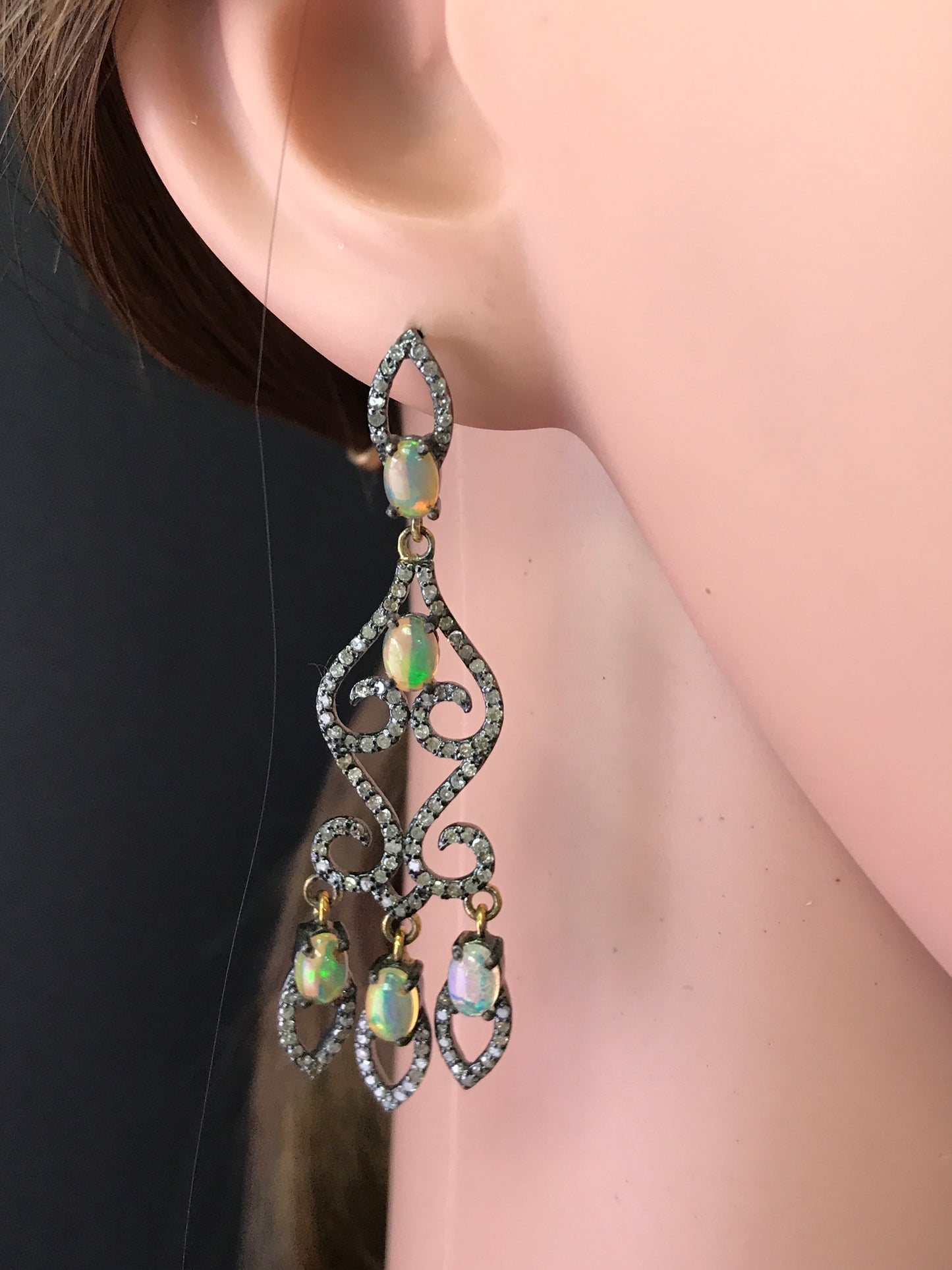 Diamond  Art Deco Opal with Diamond Earring, Pave Diamond Earring, Pave Art Deco Earring, Appx 62 x 18mm. Sterling Silver
