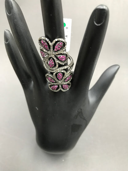Double Flower Pave Diamond Ring .925 Oxidized Sterling Silver Diamond Ring, Genuine handmade pave diamond Ring Size Approx 1.76"(21 x 44 MM)