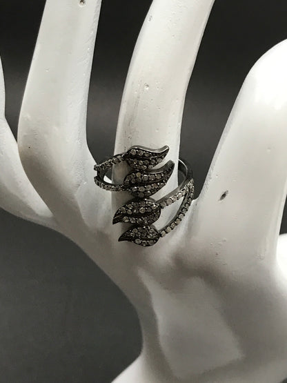 Leaf Pave Diamond Ring .925 Oxidized Sterling Silver Diamond Ring, Genuine handmade pave diamond Ring Size Approx 0.92"(20 x 23 MM)