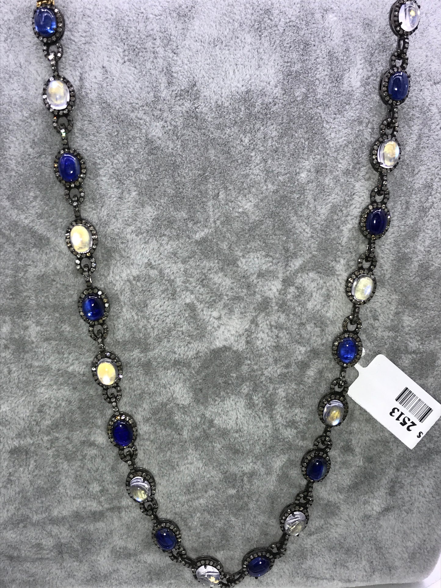 Tanzanite and Rainbow Moonstone Long Necklace with Diamonds
