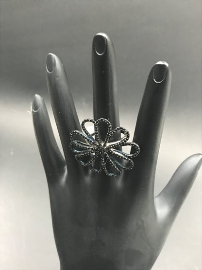 Flower Black Spinal Ring .925 Oxidized Sterling Silver Black Spinal Ring, Genuine handmade pave Black Spinal Ring Size Approx(36x34 mm)