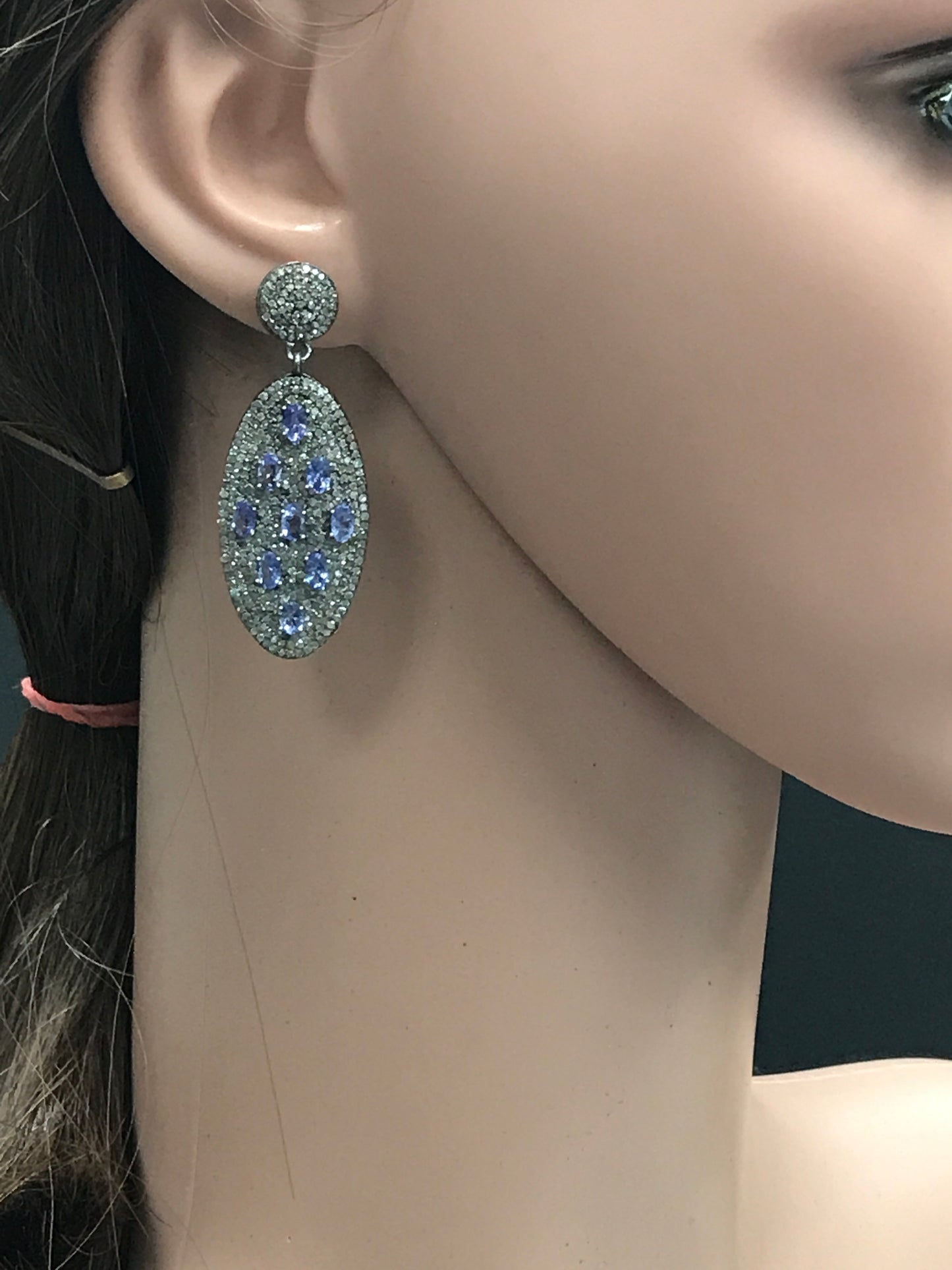 Oval Diamond Silver Earring .925 Oxidized Sterling Silver Diamond Earring, Genuine handmade pave diamond Earring Size 2.00"(50 x 19 MM )