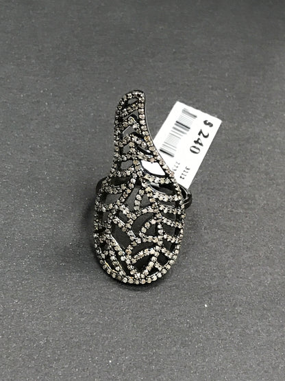 Diamond Full Leaf Shape Diamond Ring, Pave Diamond Ring, Pave Full Leaf Ring, Approx 38 x 17mm. Sterling Silver