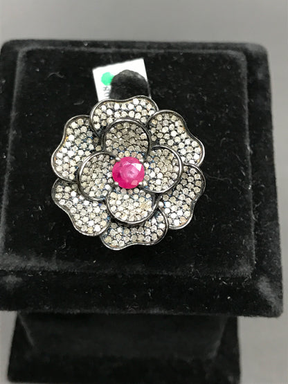 Diamond and Silver Ruby Black Rhodium Finish Ring