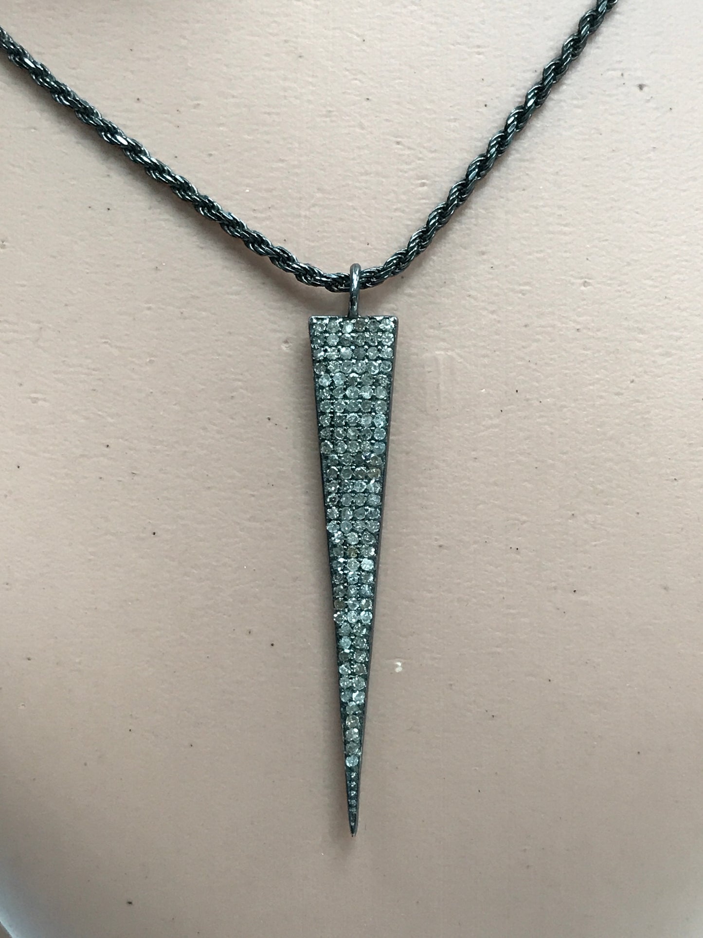 Diamond Spike Pendant, Pave Diamond Pendant,Pave Spike Necklace, Appx 46 x 8mm. Sterling Silver