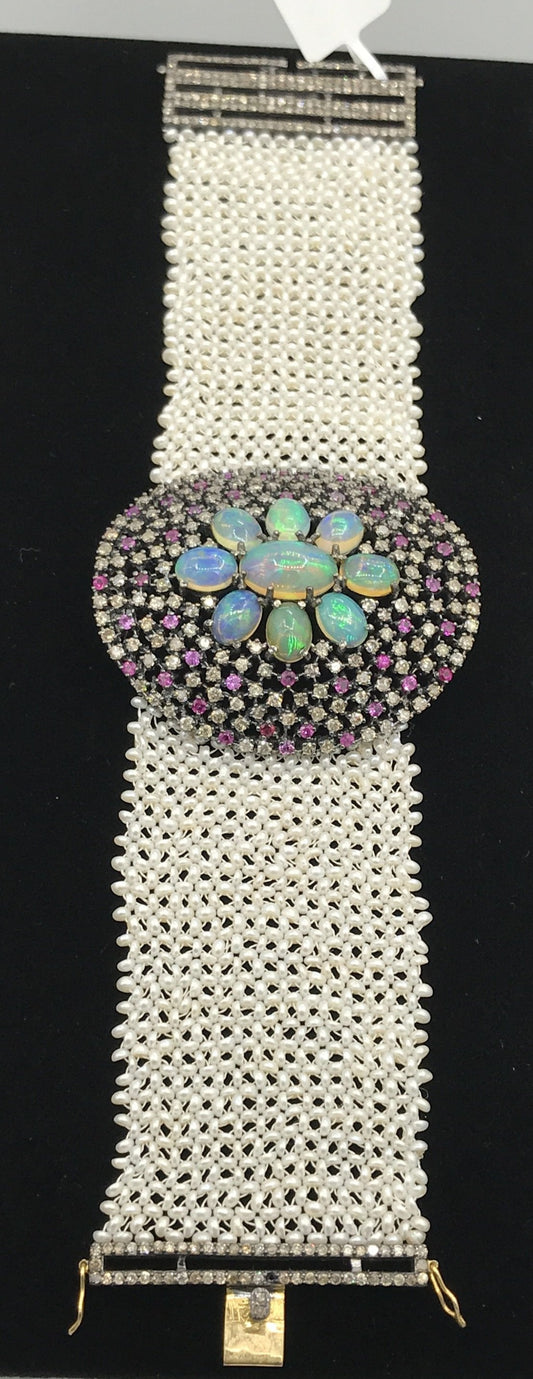Opal and Diamond Designer Bracelet Pearl Woven
