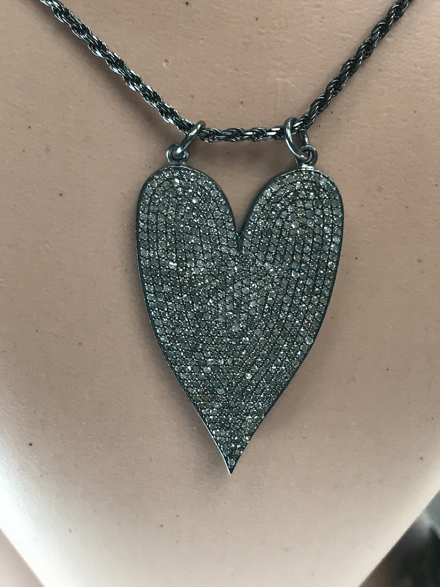Long Heart Shape Pave Diamond Pendants .925 Oxidized Sterling Silver Diamond Pendants, Genuine handmade pave diamond Pendants Size 40 x 25 mm
