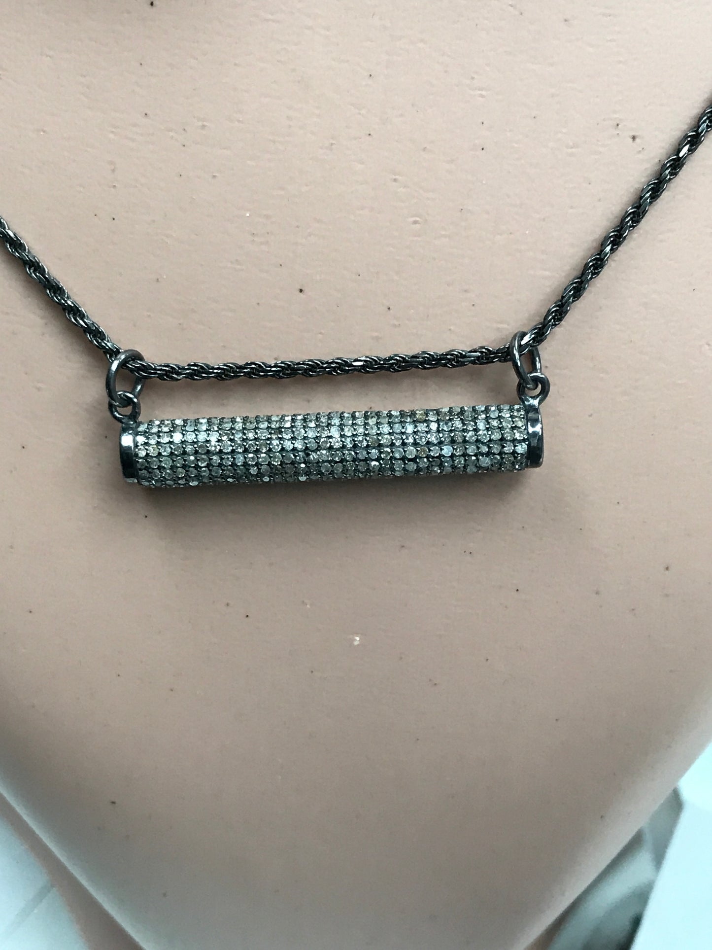 Diamond Cylindrical Pendant, Pave Diamond Pendant, Pave Cylindrical Necklace, Appx 6 x 36mm. Sterling Silver
