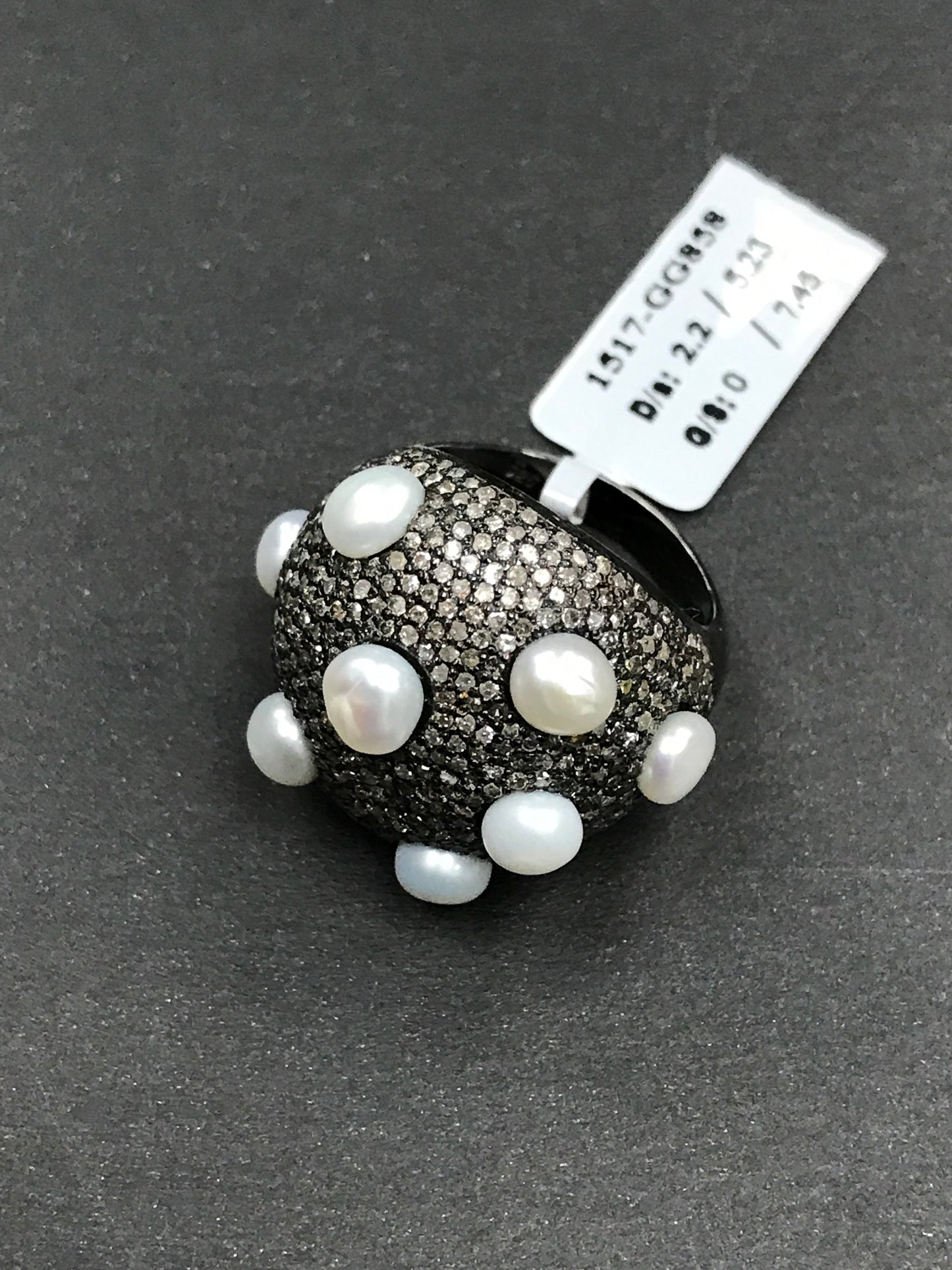 Diamond Dome Diamond Ring with Pearls, Pave Diamond Ring, Pave Dome Ring with Pearls, Approx 19 x 24mm. Sterling Silver