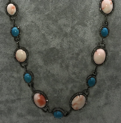 Pink Coral and Turquoise Natural Designer Necklace with Diamonds