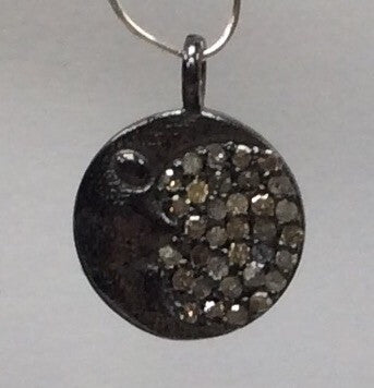 Moon Disc Diamond Charm.925 Oxidized Sterling Silver Diamond Charm, Genuine handmade pave diamond Charm Size 12 MM