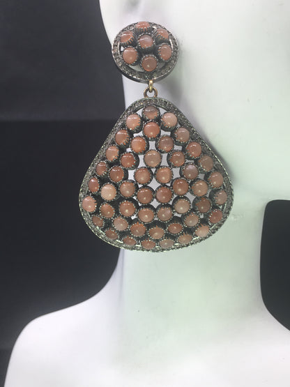 Diamond And Peach Moonstone Earrings