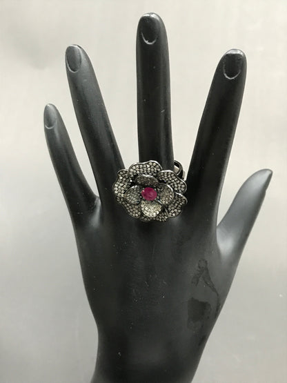 Diamond and Silver Ruby Black Rhodium Finish Ring