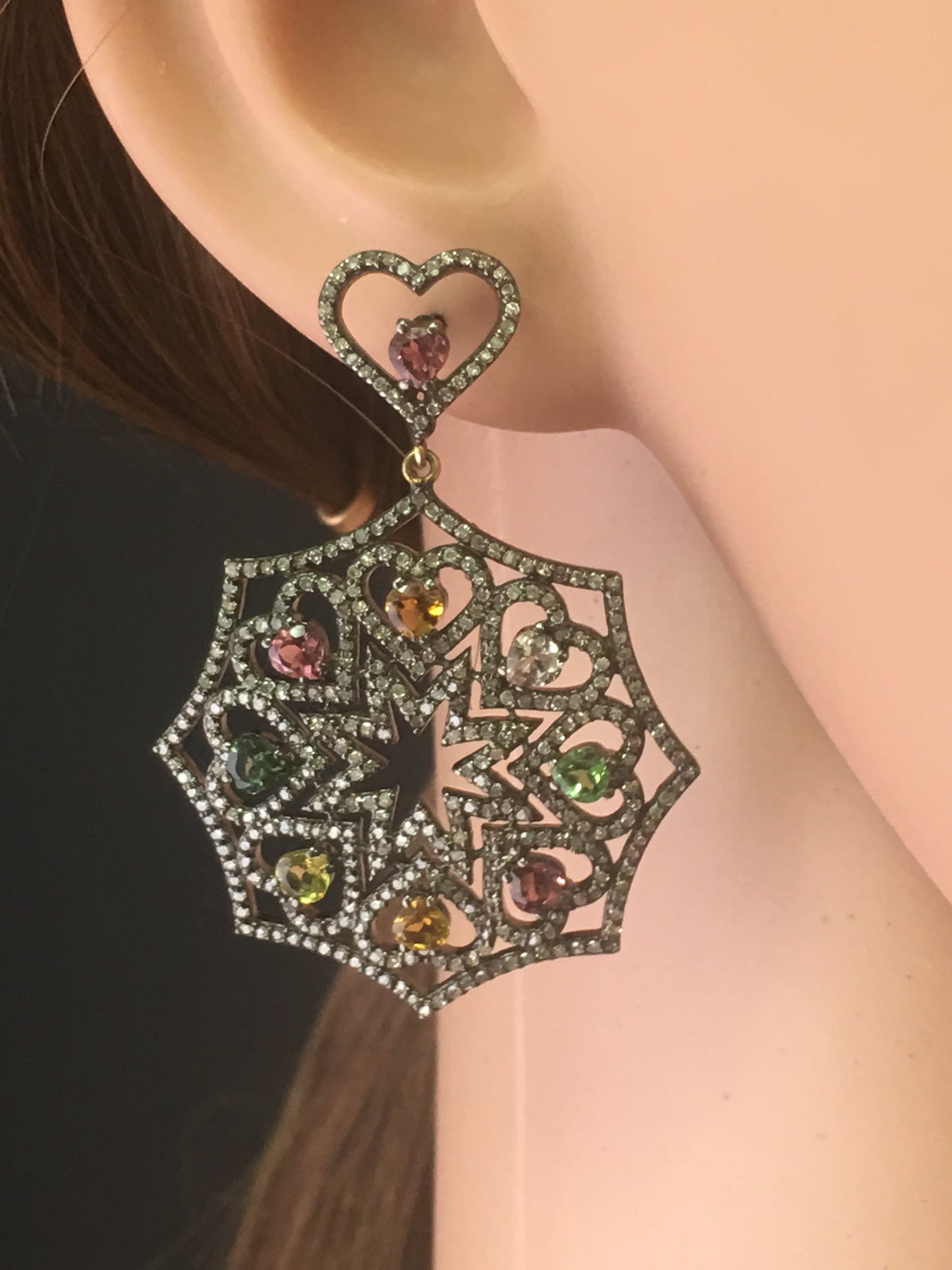 Diamond and Silver Multi Tourmaline Black Rhodium Finish Earrings