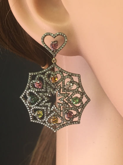 Diamond and Silver Multi Tourmaline Black Rhodium Finish Earrings