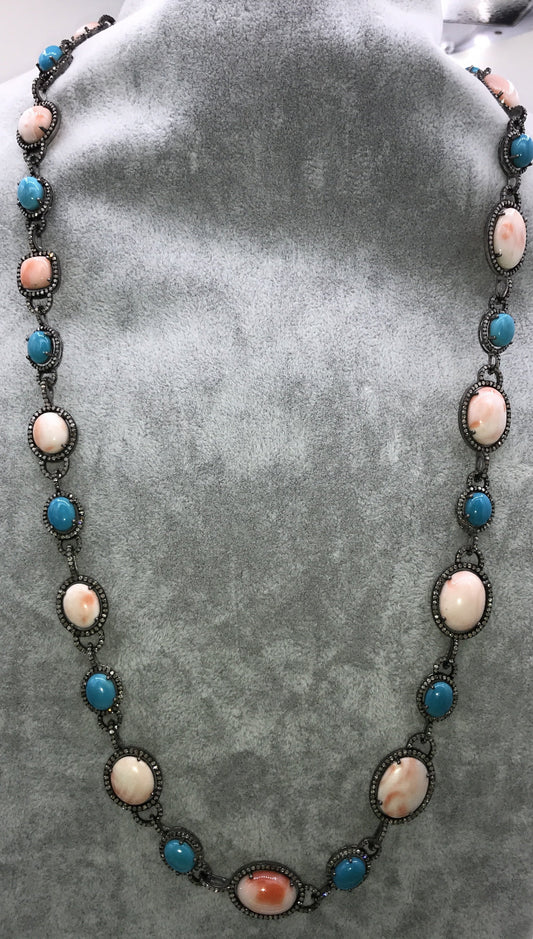 Pink Coral and Turquoise Natural Designer Necklace with Diamonds