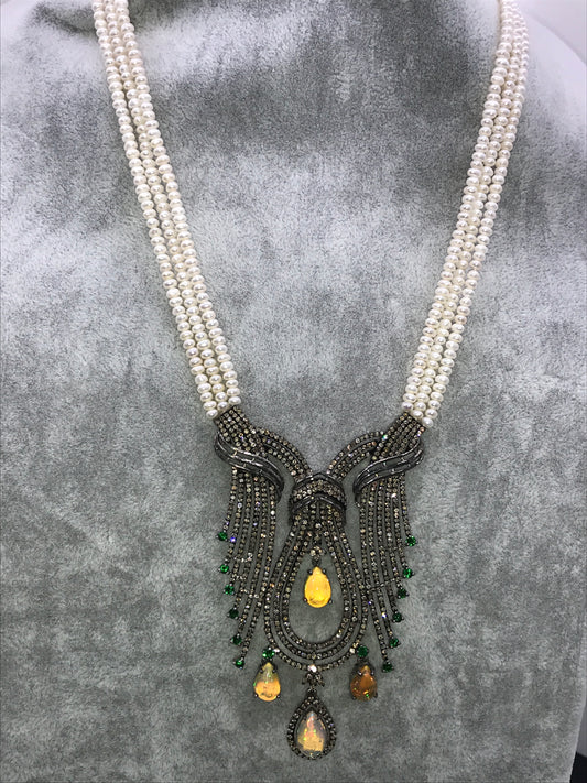 Designer Opal and Diamond Pendant Necklace with Pearls