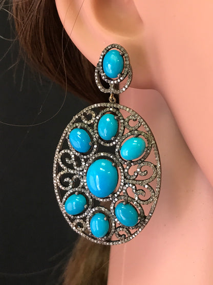 Diamond and Natural Turquoise Silver Earrings