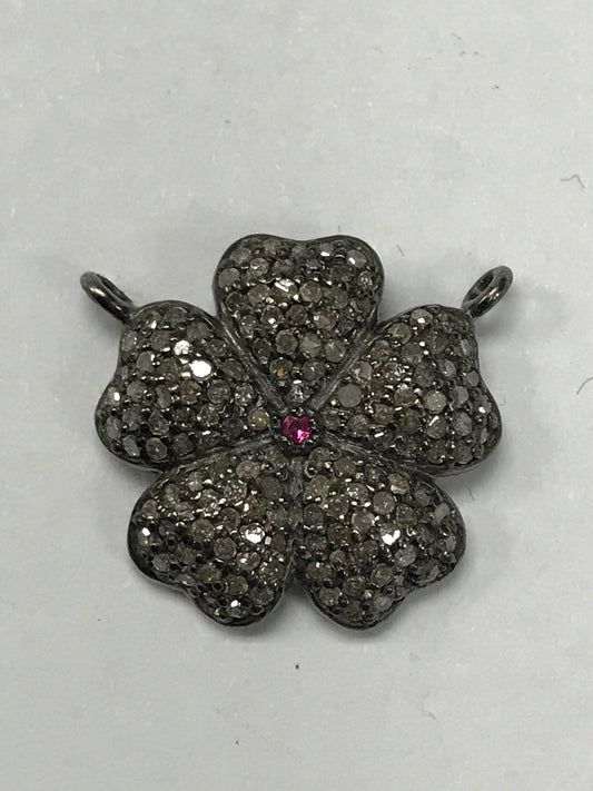 Flower Shape Diamond and Red Stone Flower Pendant