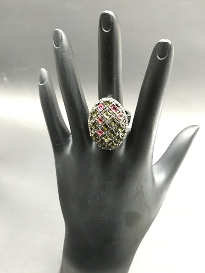 Diamond Oval Shape Tourmaline Diamond Ring, Pave Diamond Ring, Pave Oval Shape Tourmaline Ring, Approx 28 x 18mm