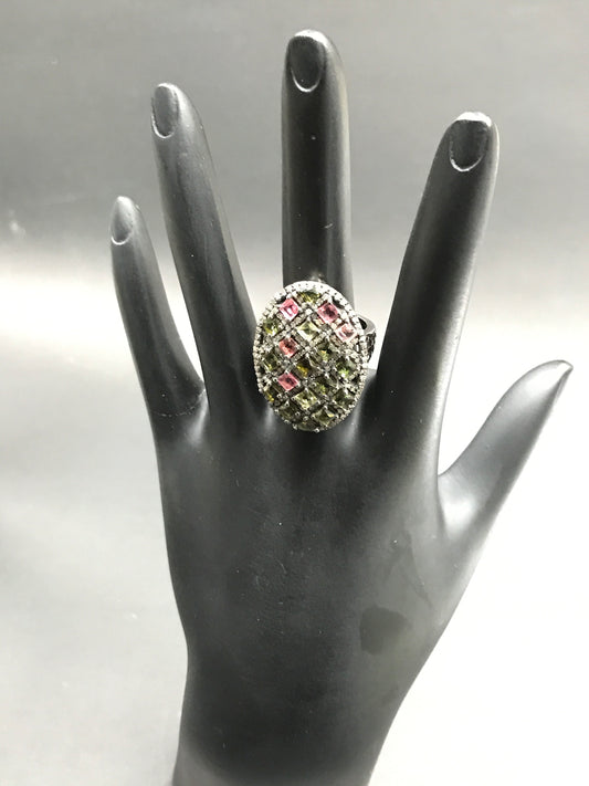 Diamond Oval Shape Tourmaline Diamond Ring, Pave Diamond Ring, Pave Oval Shape Tourmaline Ring, Approx 28 x 18mm