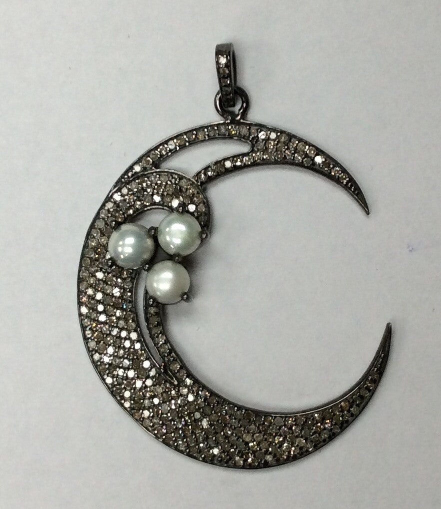Moon Diamond Charm .925 Oxidized Sterling Silver Diamond Charms, Genuine handmade pave diamond Charm Size Approx 1.60"(40 x 35 MM)