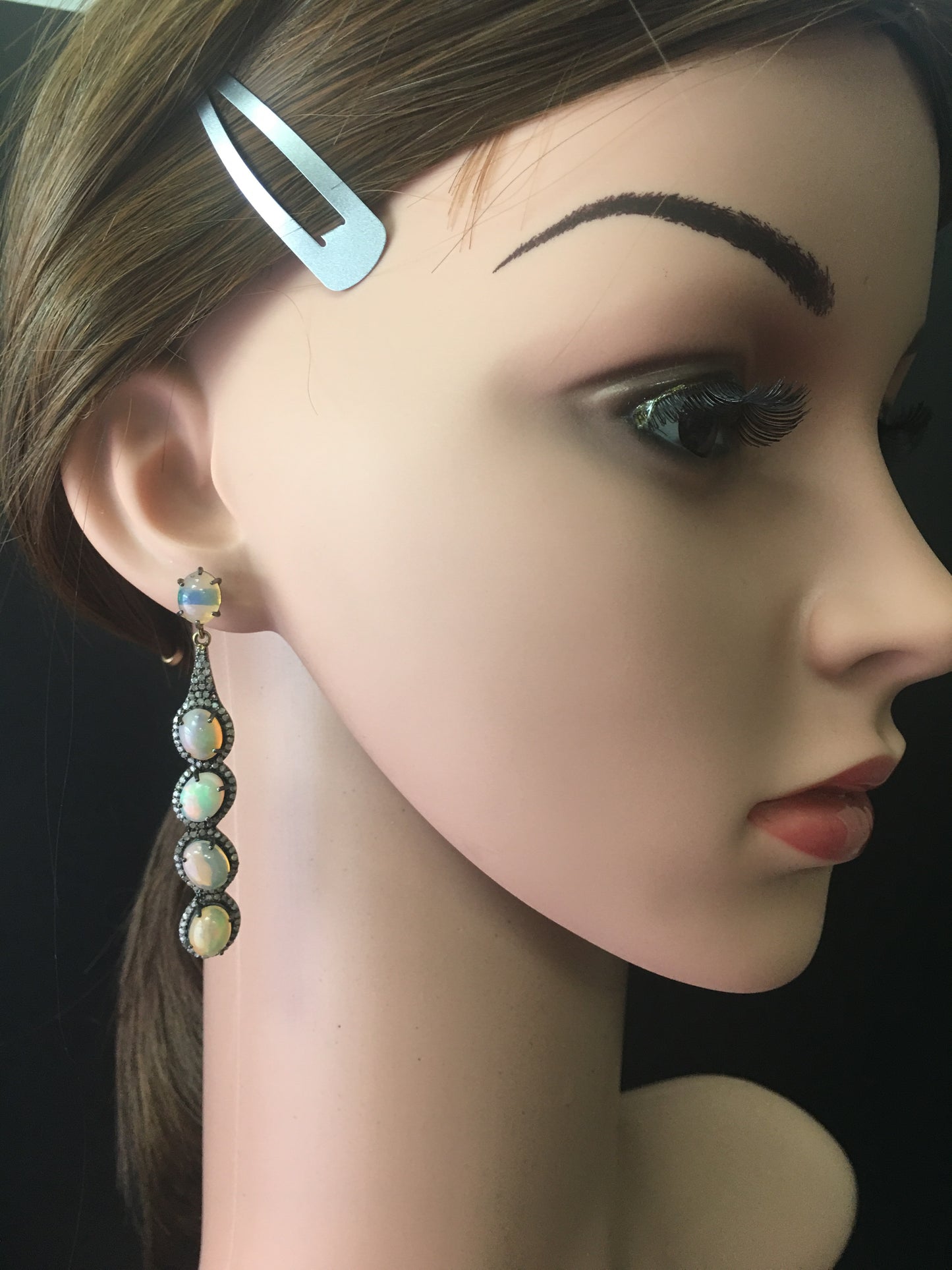 Diamond Art Deco Opal with Diamond Earring, Pave Diamond Earring, Pave Art Deco Earring, Appx 69x 11mm. Sterling Silver