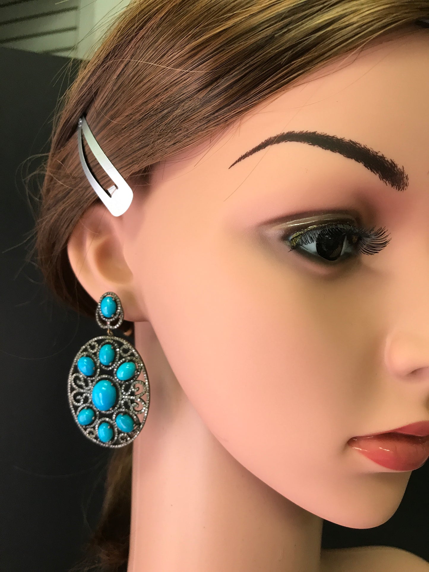 Diamond and Natural Turquoise Silver Earrings