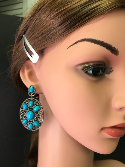 Diamond and Natural Turquoise Silver Earrings