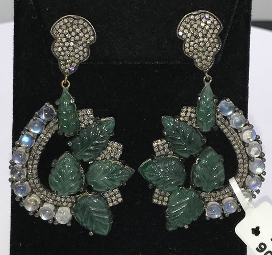 Emerald Carving Leafs and Rainbow Moonstone Diamond Earrings