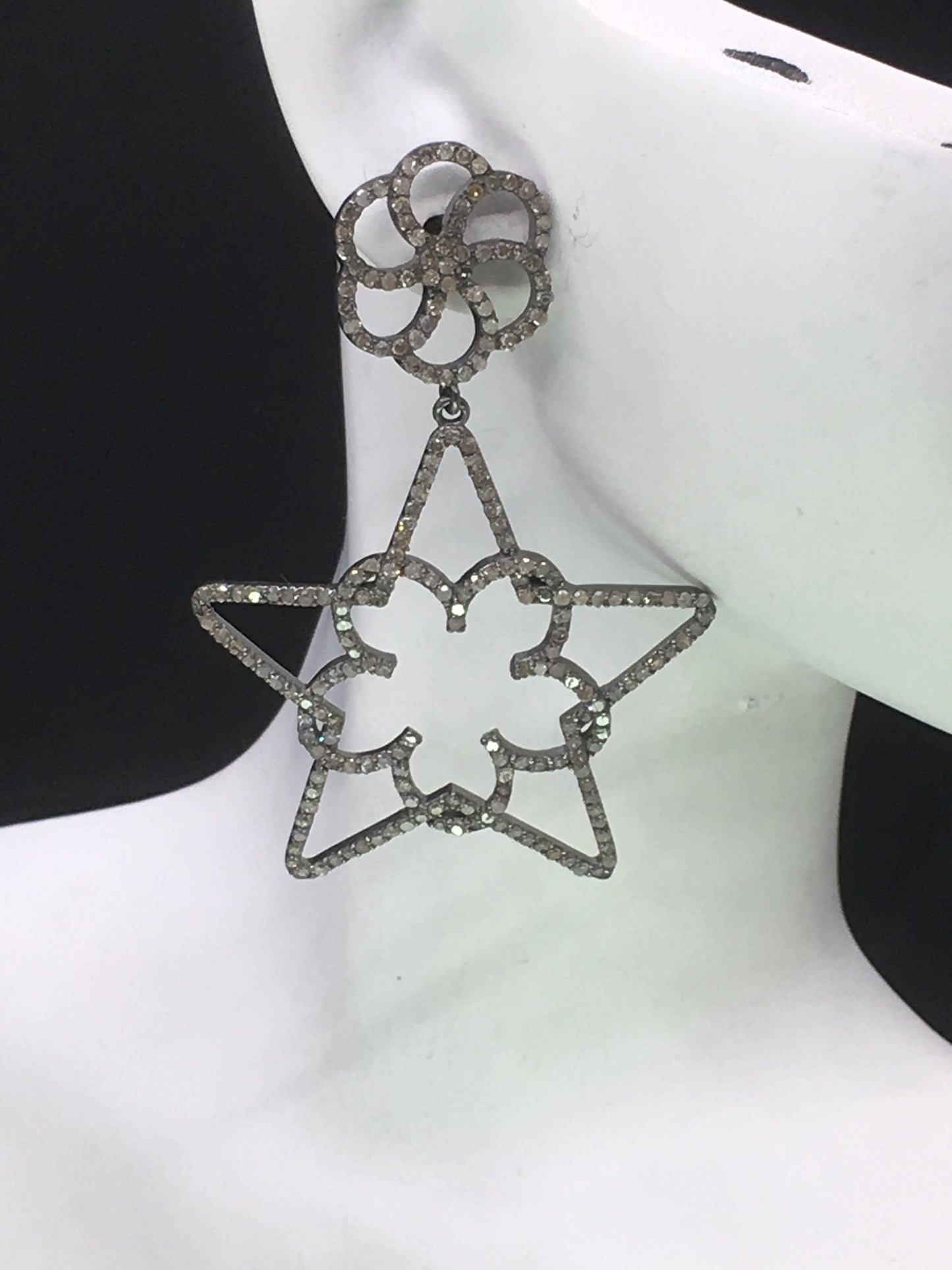 Star Diamond Earring .925 Oxidized Sterling Silver Diamond Earring, Genuine handmade pave diamond Earring Size 2.40"(39 x 60 MM )