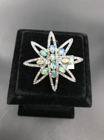 Ring Diamond with Opal .925 Oxidized Sterling Silver Diamond Ring, Genuine handmade pave diamond Ring Size Approx 1.52"(38 MM)