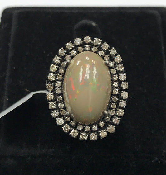 Oval Shape Opal smooth Cabochon and Diamond Ring