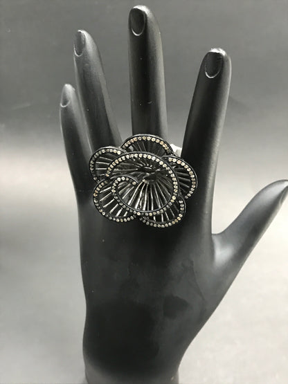 Flower Pave Diamond Ring .925 Oxidized Sterling Silver Diamond Ring, Genuine handmade pave diamond Ring Size Approx 1.52"(38 x 38 MM)