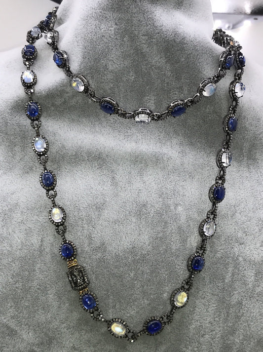 Tanzanite and Rainbow Moonstone Long Necklace with Diamonds