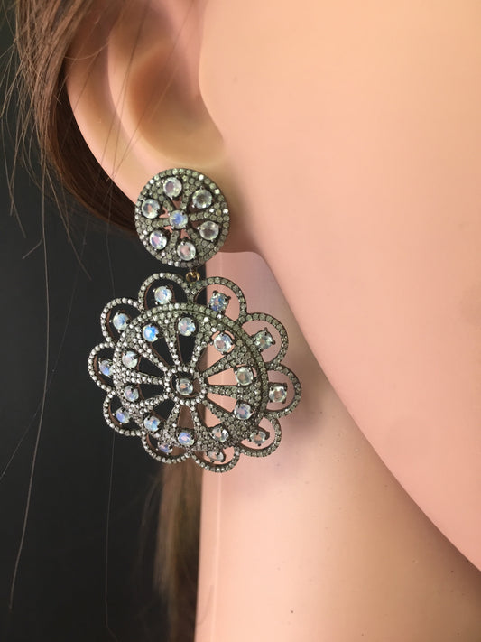 Diamond and Silver White Rainbow Moon Stone Black Rhodium Finish Earring