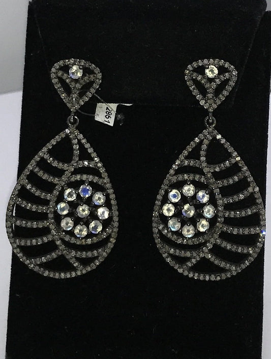Drop Shape Diamond and Rainbow Moonstone earring