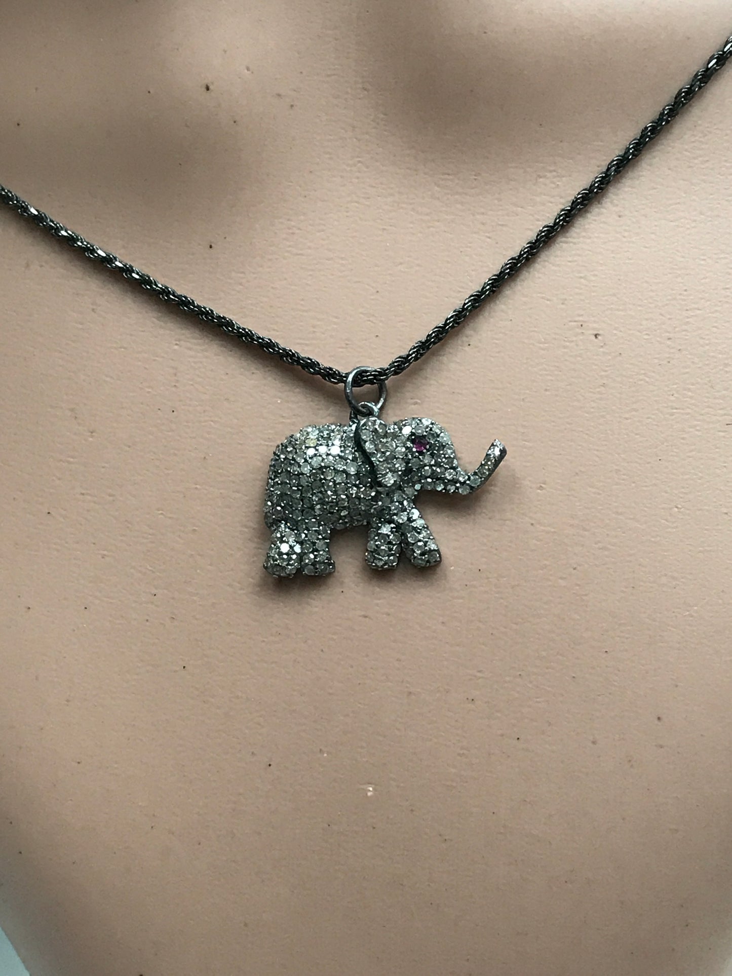 Elephant Diamond Charm .925 Oxidized Sterling Silver Diamond Pendants, Genuine handmade pave diamond Charm Size 18 x 28 MM without red eye
