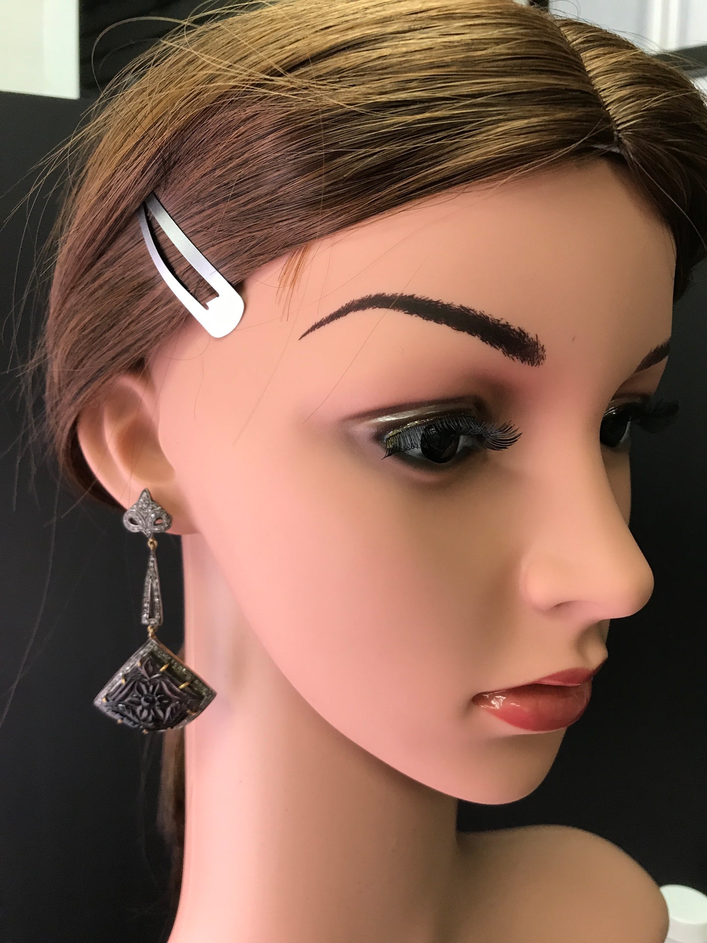 Diamond and Tourmaline Carved Earrings,