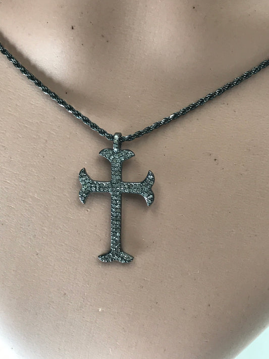 Pave Diamond Pendant, Pavé Cross Pendant, Diamond Cross Pendant, Pave Cross Charm, Approx 1.44'' Oxidized Silver