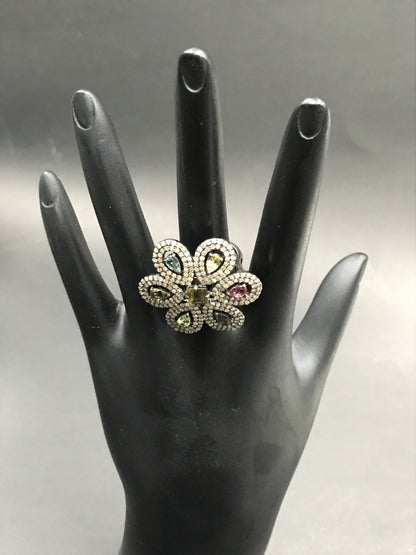 FLOWER DIAMOND AND MULTI TOURMALINE RINGS