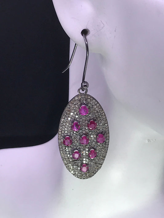Diamond Oval Earrings with Ruby