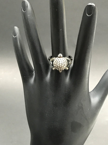 Diamond Turtle Diamond Ring, Pave Diamond Ring, Pave Turtle Ring, Approx 14 x 17mm. Sterling Silver