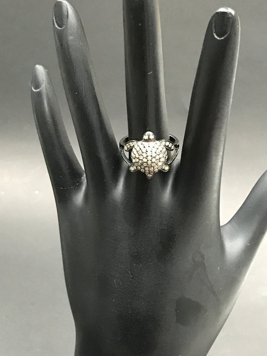 Diamond Turtle Diamond Ring, Pave Diamond Ring, Pave Turtle Ring, Approx 14 x 17mm. Sterling Silver