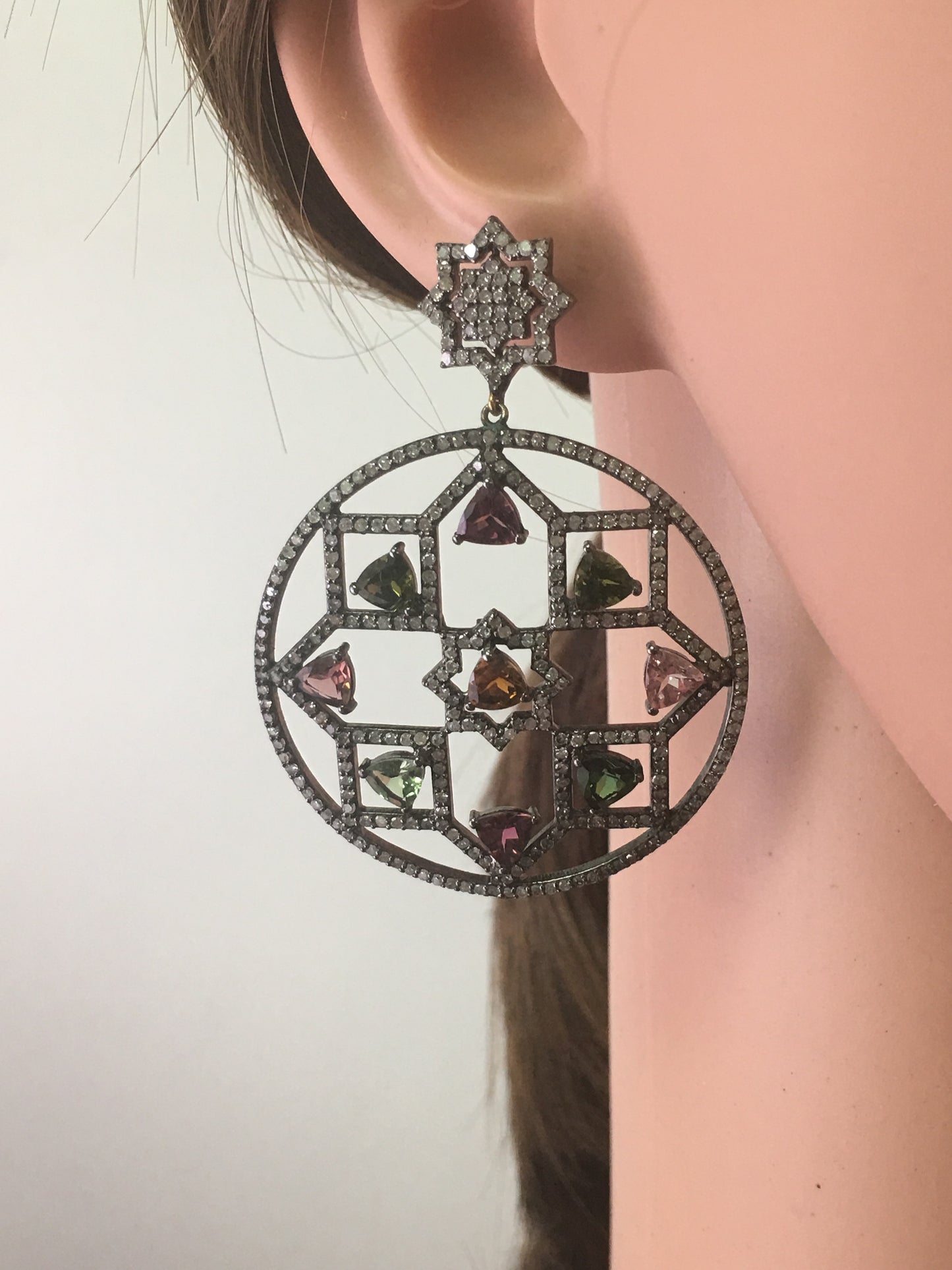 Diamond and Silver Multi Tourmaline Black Rhodium Finish Earring